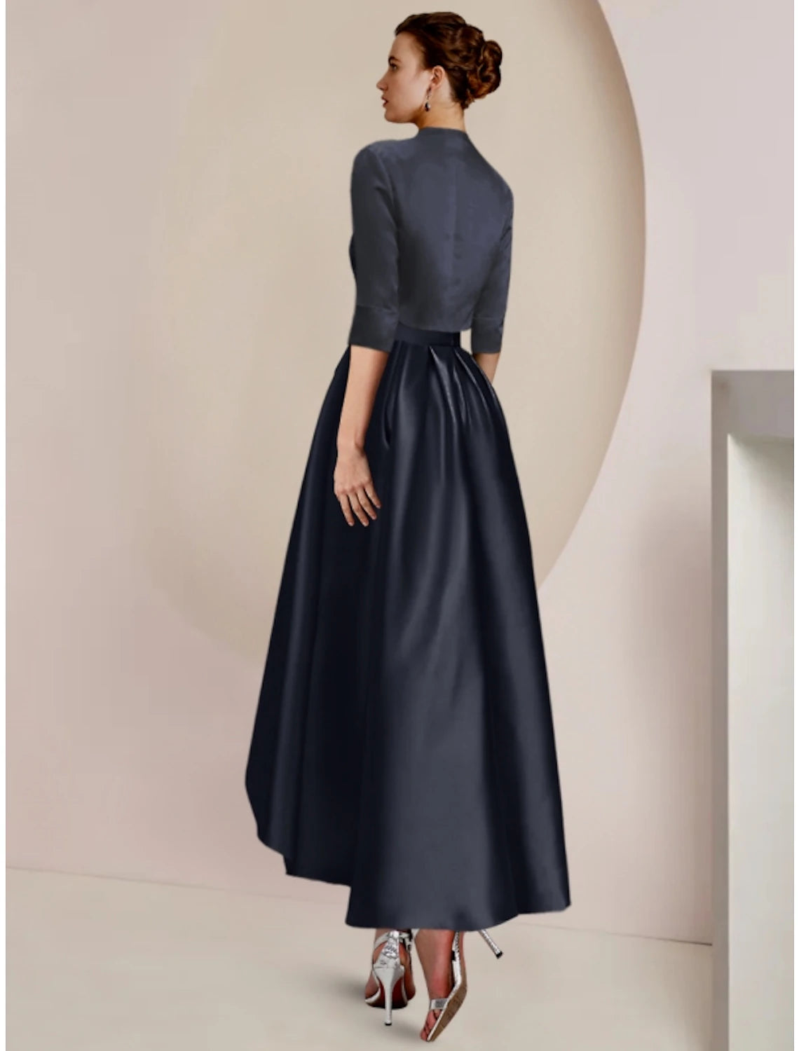 Wholesale  Sheath / Column Mother of the Bride Dress Wedding Guest Minimalist Elegant Scoop Neck Asymmetrical Ankle Length Satin Lace Half Sleeve with Pleats Solid